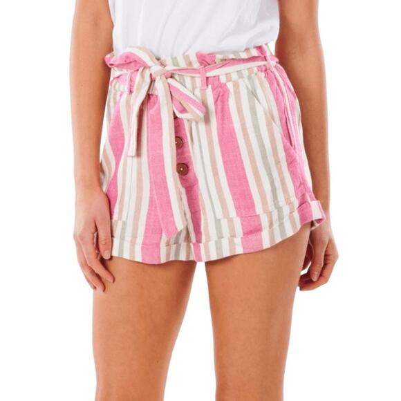 Rip Curl Pink Tan Striped Paper Bag Waist High Rise Shorts SM Summer Casual Boho - Picture 2 of 9